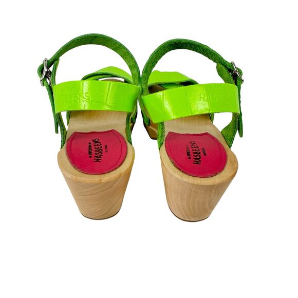 Swedish Hasbeens NWOB Mirja Neon Green Croc Print Leather Wood Heel Sandals - Picture 6 of 11